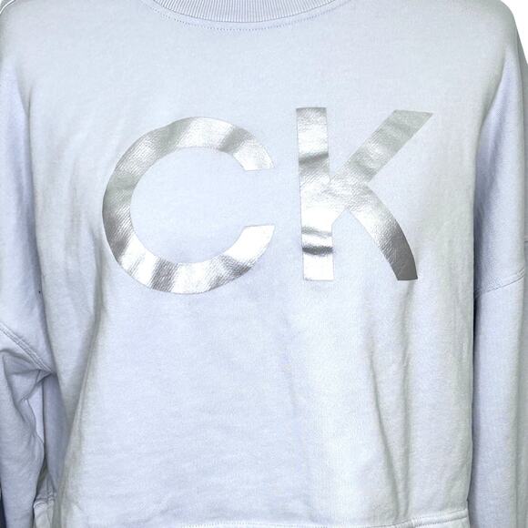 Calvin Klein Gray Cropped French Terry Sweatshirt Silver Metallic Logo - Picture 4 of 6